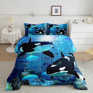 مجموعة لحاف Teal Ocean Whale مجموعة مفارش سرير قنديل البحر القاتل الحوت مجموعة الفراش The Underwater World Down لحاف Orcinus Orcas Deep Sea Animals Marine Life لحاف مع لحاف واحد و 1 غطاء وسادة مزدوج