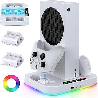 حامل تبريد لجهاز Xbox Series S مع اضاءة RGB، محطة شحن سريع مينيا مع بطاريتين 1400mAH، ملحقات تبريد مع مروحة قابلة للتعديل بـ 3 سرعات، قاعدة شحن مزدوجة، 15 وضع اضاءة، 2.0 منفذ USB