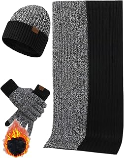 Winter Knit Beanie Hat Neck Warmer Scarf and Touch Screen Gloves Set 3 Pcs Fleece Lined Skull Cap for Men Women