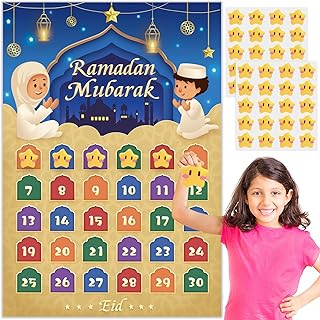 افول لايف زينة رمضان، تقويم مجيء رمضان 2023 للاطفال، تقويم العد التنازلي لعيد مبارك هدية رمضان للمنزل مع 30 ملصق نجمة (تقويم رمضان المجيء)