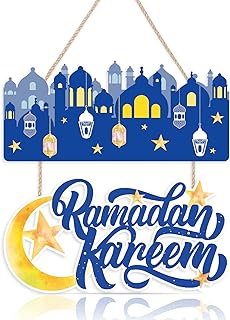 KAIRNE Colorful Eid Ramadan Kareem Decoration,Lantern Star Moon Wall Art,Islamic Muslim Building Artwork,Muslim Mosque Wooden Plaque,Gift for Muslim Kid Friend Family Eid Al Fitr Supply(15”X11”)