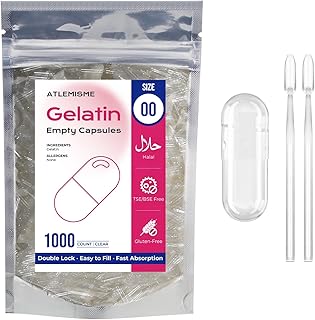 ATLEMISME Empty Gelatin Capsules Size 00 - Gelatin Capsules Empty (1000 Count) Empty Capsules DIY Gelatin Capsule Filling - Gel Capsules Empty Caps with 2 Micro Lab Spoons for Capsule Filling