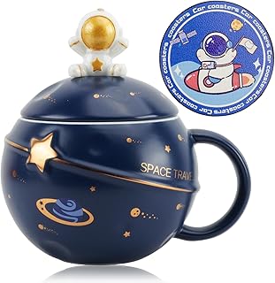 Dewocke Kawaii Astronaut Mug,Planet Cup with Lid Spoon and Coaster,Planet Coffee Ceramic Coffee Cup for Coffee,Tea,Milk Gift for Girl Boy Women