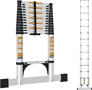 ايكوال سلم تلسكوبي من الالومنيوم قابل للطي والتمديد مع عجلات وقضيب تثبيت (فضي، 21 قدم)