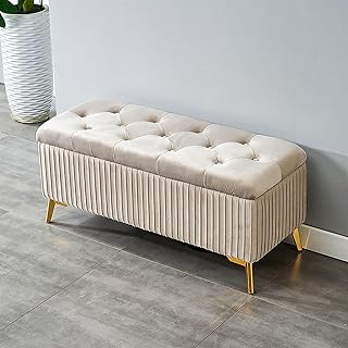 Modern Velvet Upholstered Rectangle With Storage Foot Stool For Living Room End Of Bed Bench(Beige-60x39x45cm