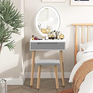 YOURLITE Dressing Table Makeup Mirror Cosmetic Vanity Dressing Table,Bathroom Makeup Cabinet with Stool Dresser with LED Mirror,White, 1 Drawer