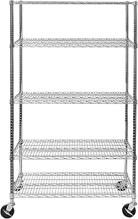 سيفيل كلاسيكس رفوف سلكية من الستيل من الدرجة التجارية 5 طبقات معتمدة من ان اس اف مع منظم عجلات للمراب والمستودع والمكتب والمطعم والفصول الدراسية والمطبخ، 48 انش عرض × 24 انش عمق، كروم، فضي