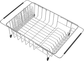 سانو رف تجفيف الاطباق مع حامل ادوات من الستانلس ستيل، رف اطباق قابل للتوسيع، رف تجفيف اطباق عميق كبير في الحوض على المنضدة