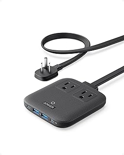 قاعدة شحن نانو (67 واط كحد أقصى) من أنكر، شريط طاقة USB C 6 في 1 لآيفون 15/14 وماك بوك، مع قابس مسطح وسلك تمديد رفيع غير قابل للفصل 1.5 متر، 2 تيار متردد، 2 USB A، 2 USB C، للمنزل والمكتب (أسود ستون)