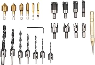 مجموعة من 23 قطعة من أدوات ثقب الشطب لأعمال النجارة من ايكام، 8 قطع قاطع مقابس الخشب 6 قطع 6.35 ملم سداسية 5 فلوت 90 درجة رؤوس مثقاب غاطسة 7 قطع رؤوس مثقاب غاطسة ثلاثية مدببة
