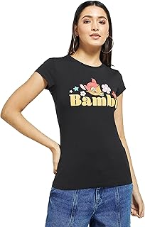 SP Characters Women Bambi Print Round Neck T-Shirt With Short Sleeves