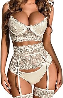 EVELIFE Lingerie Set for Women Bra and Panties Set Sexy Lingerie 3 Pieces Bralette and Panties Lace Lingerie Underwear with High Waist Suspender Thong, White, 48