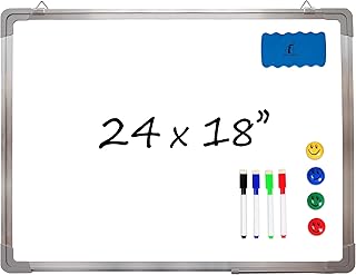 مجموعة سبورة بيضاء - لوح مسح جاف مقاس 24 × 18 انش مع ممحاة جافة مغناطيسية و4 اقلام ماركر للمسح الجاف و4 مغناطيسات - لوحة تسجيل رسائل بيضاء صغيرة معلقة للمنزل والمكتب والمدرسة (منظر طبيعي 24 × 18 انش)