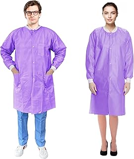 EZGOODZ Disposable Lab Coats for Adults. SMS 50 GSM Disposable Coats Medical/w 3 Pockets, Front Snaps, Knit Cuffs & Collar