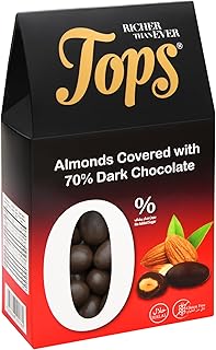 باكيت شوكولاتة توبس دراجية لوز غامق 70 % كاكاو - بدون سكر 150 جم عدد 12 حبة Tops Dark Almond Dragee Chocolate Packet 70% Cocoa - Sugar Free 150g 12 Pieces