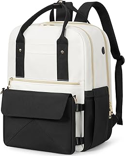 Beraliy Laptop Backpack for Women, 15.6 inch Laptop Backpack 2 in 1 Backpack with Detachable Crossbody Bag,Travel backpack, Waterproof Bookbag Daily Daypack, Black-beige, Black-beige, Large, Women's