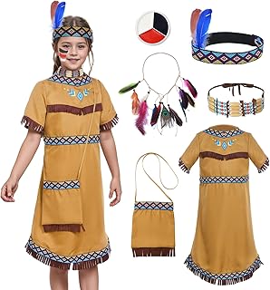 Indian Costume Children Girls Native American Dress Children's Costumes Girls with Indian Feathers Headdress Pockets Accessories, Carnival Costume Children Halloween Fancy Dress Costume (130 (6-8