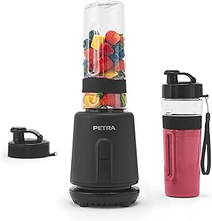 Petra PT6133MBLKVDE Personal Blender - Compact Electric Smoothie Machine, 2 Bottles (600ml), Leakproof Lids, Stainless Steel Blade, One-Touch Operation, Non-Slip, 350W