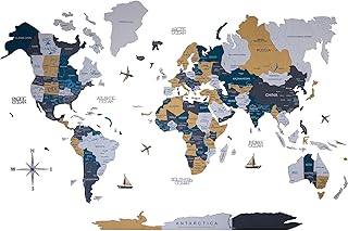 خريطة العالم ثنائية الابعاد مصنوعة يدويا من انجوي ذا وود - ديكور منزلي لغرفة المعيشة، ديكور فريد للغرفة وديكور الحائط، ديكور حائط انيق للمنزل والمكتب (ريفي، XL (200 × 120 سم))