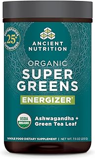 مسحوق انرجايزر العضوي سوبر جرينز مع البروبيوتيك وB12 من انشنت نيوتريشن، مصنوع من الفواكه والخضروات والاعشاب الحقيقية، للجهاز الهضمي وإزالة السموم ودعم الطاقة، 25 حصة