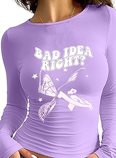 Women Music Concert Shirt - Bad Idea Right Graphic Tee Club Party Fan Lover Tight Fit Long Sleeve Top Casual Outfit