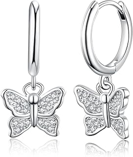 JSGEMSLEE Butterfly Earrings for Women Girls Sterling Silver Butterfly Dangle Hoop Earrings With Cubic Zirconia Small Huggie Hoop Earrings