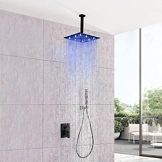 Luxury Black Shower System, 12 Inch LED Rain Shower Head with Hand Shower, Ceiling Mounted Shower Faucet Set