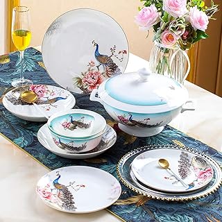 60 Piece Fine Bone China Dinnerware Sets, Kitchen Home Durable Plates Dishes Bowls Soup Pot Service for 10