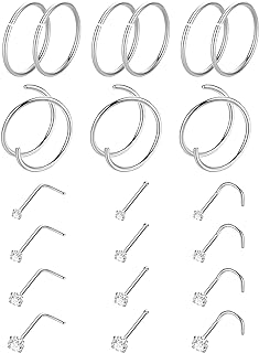 21PCS 18G 20G 22G 316L Stainless Steel Nose Rings Hoop for Women Men Double Nose Ring CZ Nose Stud Piercing Jewelry