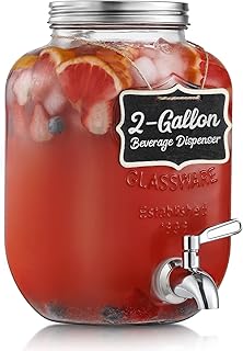 2 Gallon Glass Beverage Dispenser, 18/8 Stainless Steel Spigot and Lid - Glass Drink Dispensers for Parties - Mason Jar Drink Dispensers with Lids - Laundry Detergent Holder