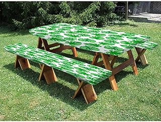 Palm leaves Picnic Fitted Tablecloth and Bench Seats Table Cover, Tropical jungle plants background, for outdoor picnic parties, 28 x 72 Inch