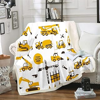 Excavator Boys Throw Blanket Equipment Truck Duvet Construction Tractor Vehicle Plush Blanket for Children Warm Fuzzy Blanket Children's Car Theme Room Yellow, 130 x 150 cm