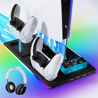 PS5/PS5 Slim Stand with 3 Level Fans and 3 USB Ports, PS5 Stand with RGB Light, PS5 Controller Charging Station, PS5 Holder with Headset Holder, for PS5 Accessories, Digital/Disc Edition (Black)