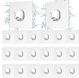 Wvasfd Self-Adhesive Hooks, Extra Strong Adhesive Hooks for 20 Pieces, Transparent Holds up to 10 kg, Robust Adhesive Hooks for Kitchen, Bathroom and Bedroom