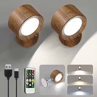 Lightbiz LED Wall Lights, Wall Sconces 2 Pcs with Remote Rechargeable Battery Operated, 3 Color Temperatures & Dimmable Wall Lamp Magnetic 360° Rotation Wireless Light for Bedroom Living Room