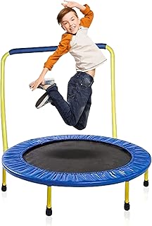 Kids Trampoline Portable & Foldable 36 Inch Round Jumping Mat for Toddler Durable Steel Metal Construction Frame with Padded Frame Cover and Handle Bar