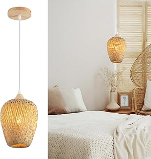 Schindora Bamboo Chandelier, Hand-Woven Boho Chandelier Living Room Wood Vintage Lamp Decoration 1-Light Kitchen Chandelier for Bedside Table Bedroom