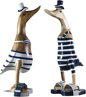 ART-CRAFT 2 x Wooden Duck Running Duck Garden Decoration Figure Made of Bamboo Root and Teak Wood Blue Bikini Pair Hand-Painted 25 cm High