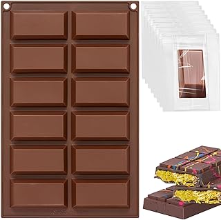 Deep Chocolate Mould, 12 Cavity Silicone Chocolate Mould + 100 Pieces Candy Bag, Silicone Chocolate Mould 20 x 31.5 cm, Non Stick Chocolate Mould BPA Free Dub Chocolate