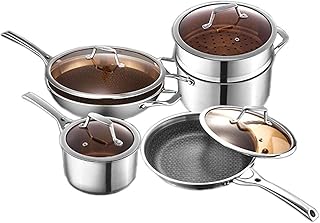 Pots, 4-Piece Cookware Set, Stainless Steel Cookware Set Combination No Fumes Non-Stick Pan Four-Piece Set Wok Fryipan Soup Pot Milk Pot,