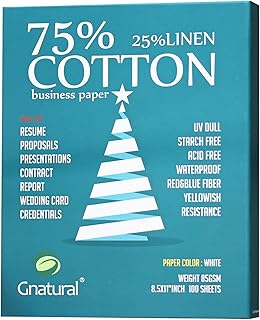 75% قطن 25% ورق كتان، ورق طباعة نفث الحبر 85 جرام لكل متر مربع، ورق استئناف ابيض اللون 8.5×11 انش، 100 ورقة لن تحصل على الرطب