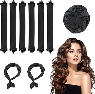 Heatless Curlers Headband 6pcs - Heatless Curling Rod Heatless Curlers with 2PCs Hair Scarf and Silk Bonnet, Heatless Blowout Rods Overnight Blowout Rods No Heat Hair Rollers (Black, Medium)