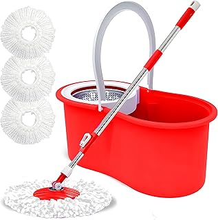 Trivex Spin Mop and Bucket Set, Floor Cleaning Mop with 3 Extra Reusable Super Absorbent Mop Head, 360° Spinning Wringer Mop with Stainless Steel Extended Handle and 6L Mop Bucket (Red)