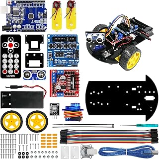 مجموعة هيكل سيارة روبوت سمارت ذات دفع ثنائي من لافين، مع لوحة R3 تعمل بالموجات فوق الصوتية، وجهاز تحكم عن بعد متوافق مع مجموعة اردوينو اي دي اي لصنعها بنفسك