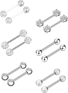 6 Pairs Nipple Bars Surgical Stainless Steel Piercing Titanium Barbell Ring Tongue Ring Cubic Zirconia Nipple Rings Body Piercing Jewelry, 14 Gauge