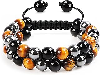 Triple Protection Bracelet,Women Mens Bracelet Natural Tigers Eye Black Obsidian and Hematite 8MM Beads Bracelet for Men,Shiny Crystal Stone Luck Bracelets,Ideal Gifts for Men Women