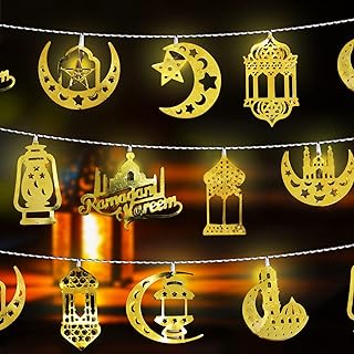 سلسلة مصابيح اضاءة للمنزل لرمضان والعيد 10LED باشكال نجوم وقمر تعمل بالبطارية للمسلمين والديكور الاسلامي وعيد الاضحى - ابيض دافئ من كاريدي