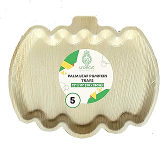 U'reca Organics Eco-Friendly Palm Leaf Pumpkin Tray | 12" x 10" (30 x 25 cm) Tray - Pack of 5 | Disposable, Compostable & Biodegradable Dinnerware | Perfect for Holiday Snacks or Fruit Platters