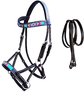 Horse Western Black Leather Beaded Bitless Padded Sidepull Bridle w/Reins 77RS15