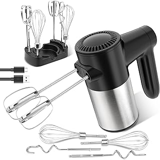 Cordless Hand Mixer, Digital Display 7 Speeds USB Rechargeable Electric Hand Mixer with 6 Stainless Steel Attachments, Beaters, Dough Hooks and Base